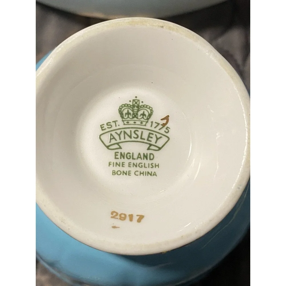 Rare Aynsley 2917 Light Blue Gold Scrolls Violets Tea Cup/Saucer Set Bone China